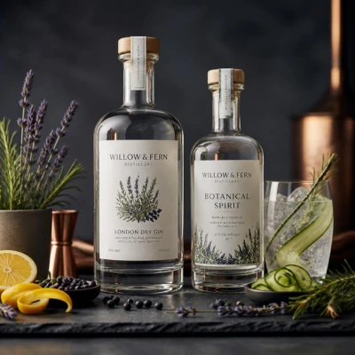 Bout bouteilles de gin premium et alternative sans alcool entourées de baies de genièvre et botaniques, illustrant les tendances du marché du gin