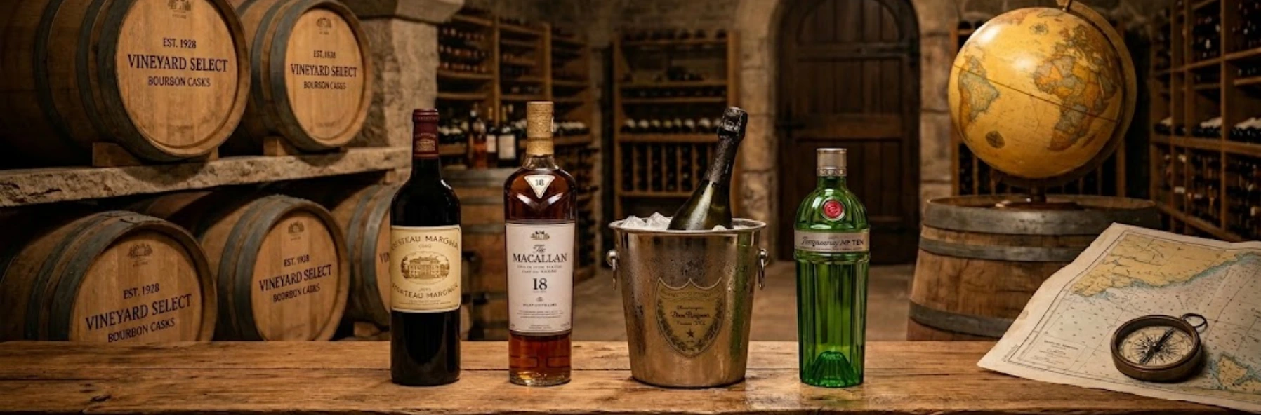 Banniere d'un importateur de vins, champagnes et spiritueux d'exception dans une cave traditionnelle