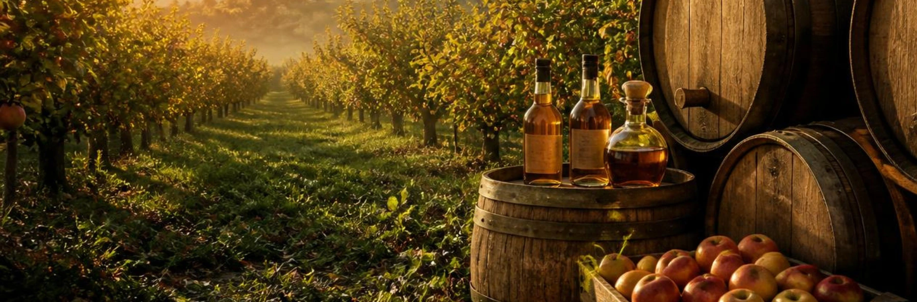 Traditional Calvados producer inspecting an amber brandy in a Norman distillery, surrounded by copper stills, oak barrels, and apple and pear orchards