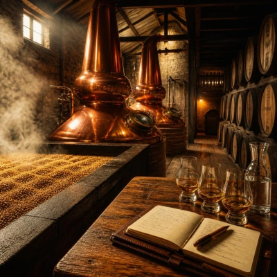 Infographie illustrant les 4 &eacute;tapes de fabrication du whisky : maltage de l'orge, distillation en alambic en cuivre, vieillissement en f&ucirc;ts de ch&ecirc;ne et assemblage par le ma&icirc;tre de chai.