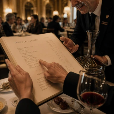 Sommelier présentant une bouteille de Grand Cru dans la cave voûtée d'un restaurant gastronomique parisien