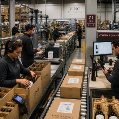 Pr&eacute;paration de commandes chez Vino Logistics : agents emballant des bouteilles dans des cartons personnalis&eacute;s, suivi sur tablette et contr&ocirc;le qualit&eacute; sur &eacute;cran