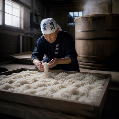 A toji master brewer inspecting koji rice at a traditional sake brewery in Japan