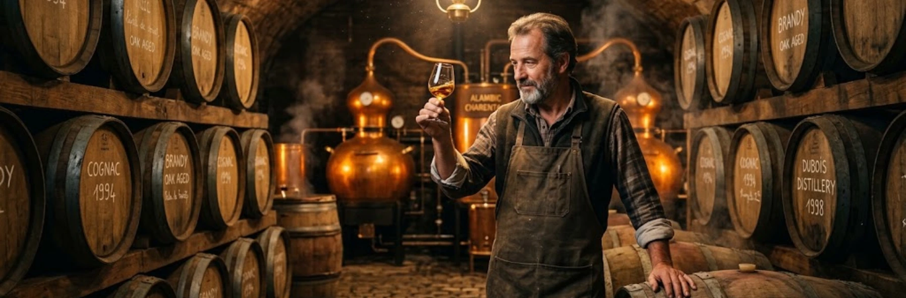 A master distiller examining a glass of amber brandy in a traditional cellar filled with oak casks and copper stills