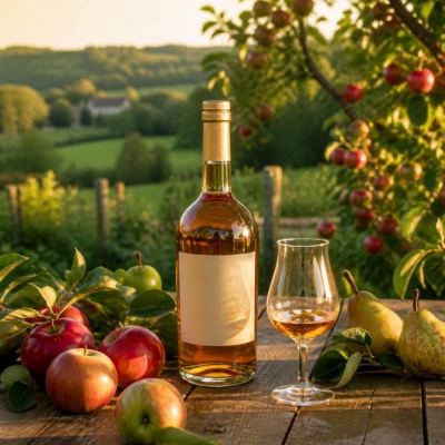 Illustration representing Normandy orchards, export markets, and AOC Calvados bottles