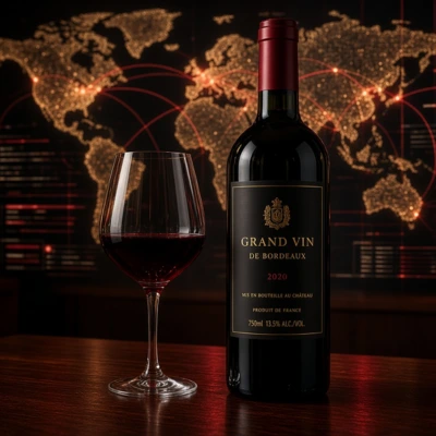 Illustration des enjeux contemporains de l'importation de vin : digitalisation du sourcing, logistique internationale et tensions commerciales