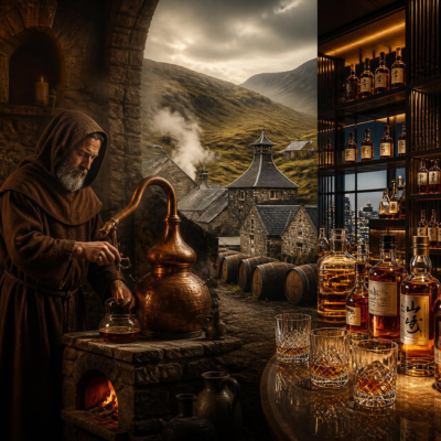 Illustration de l'histoire du whisky : un moine distillant au Moyen &Acirc;ge, une distillerie traditionnelle &eacute;cossaise et un bar &agrave; whisky moderne