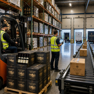 Int&eacute;rieur d'un entrep&ocirc;t logistique moderne en pleine activit&eacute; avec des ouvriers, un convoyeur et des camions &agrave; quai.