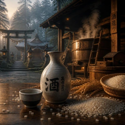 History of Japanese Sake: Traditional Sakagura Brewery, Tokkuri Ceramic Set, and Rice Grains