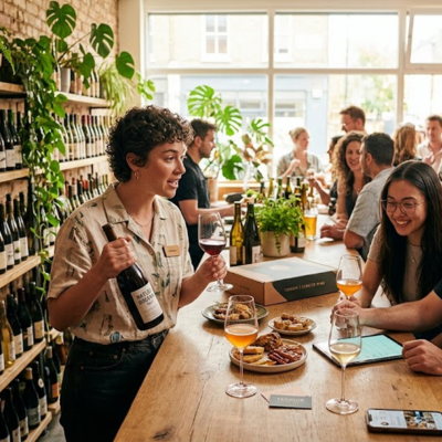 A modern natural wine bar with a passionate owner, urban clientele, a digital menu, and a welcoming, engaging atmosphere