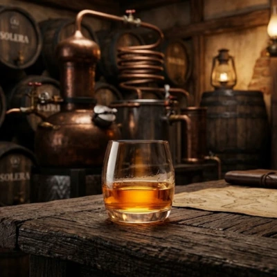 A cinematic photograph of a master brandy distiller examining a glass of golden amber brandy in an authentic cellar, with stacked oak casks and copper stills bathed in warm lighting