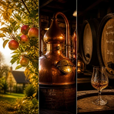 Processus de fabrication du Calvados : verger de pommes en automne, alambic en cuivre et fûts de chêne en chai