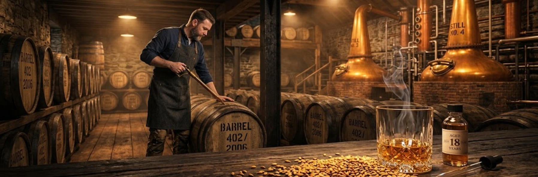  Distillateur inspectant un f&ucirc;t en ch&ecirc;ne dans une distillerie avec alambics en cuivre, orge malt&eacute;e et verre de whisky au premier plan