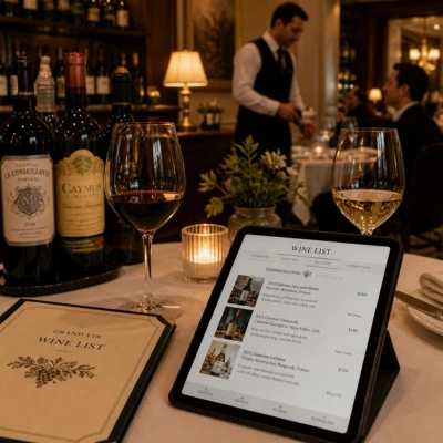 Carte des vins numérique sur tablette dans un restaurant gastronomique, entourée de verres et bouteilles de vin de vignerons indépendants