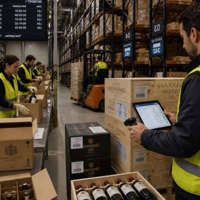 Contr&ocirc;le des stocks de vin par scanner et tablette num&eacute;rique devant des caisses en bois, avec pr&eacute;parateurs de commandes et chariot &eacute;l&eacute;vateur en arri&egrave;re-plan