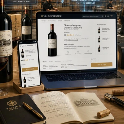 A professional working on a laptop displaying an online wine store, surrounded by glasses and bottles, with a logistics warehouse for shipping wine orders in the background