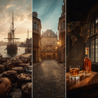 An illustration of the history of Cognac: 17th-century Dutch ships, historic trading houses and modern global exports, featuring oak casks and copper stills