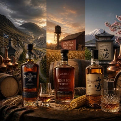 Bouteilles de Scotch whisky, bourbon am&eacute;ricain et whisky japonais dans leurs distilleries traditionnelles.
