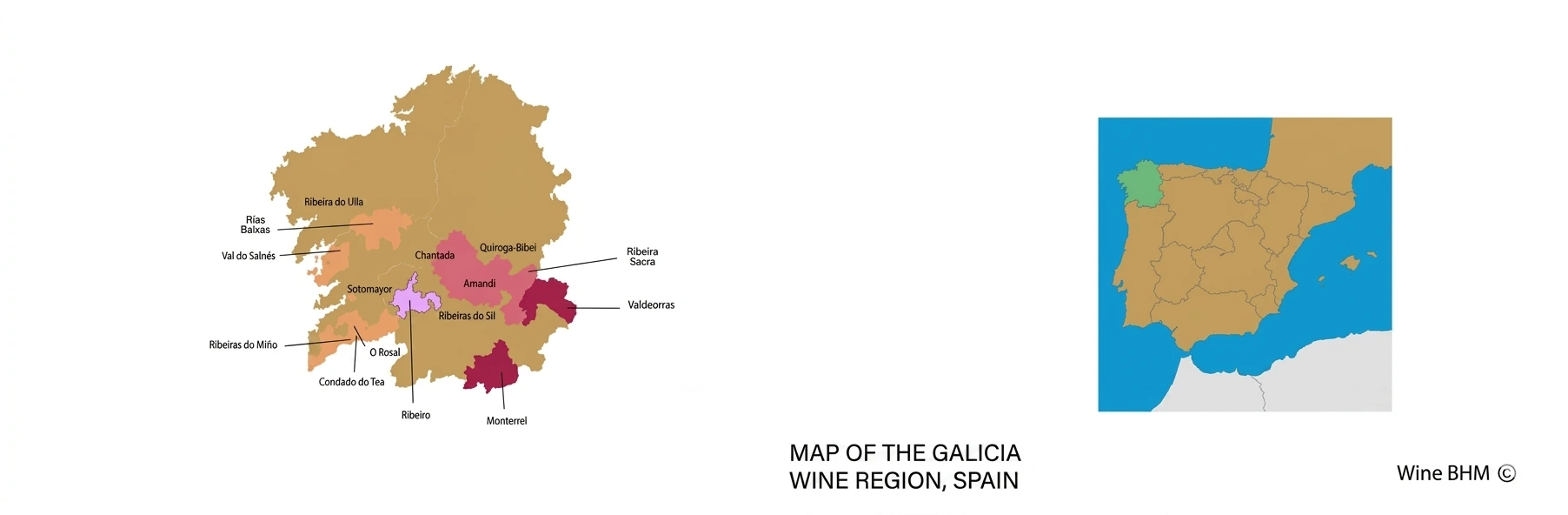 Map of the Galicia wine region, Spain