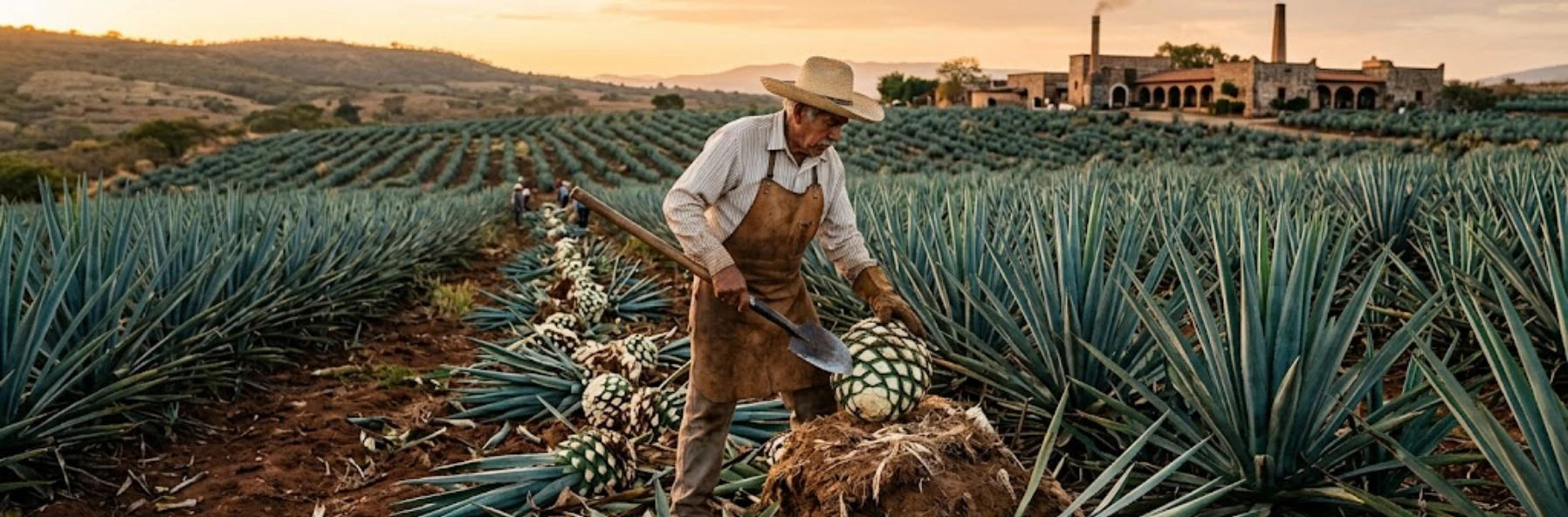 Un jimador mexicain récolte un cœur d'agave bleu avec une coa dans un champ à Jalisco lors du coucher du soleil, avec une distillerie traditionnelle en arrière-plan.